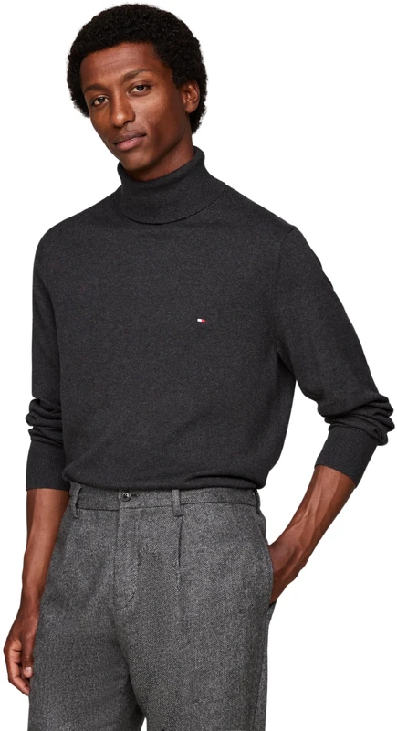 Tommy Hilfiger Men’s Pima Cashmere Roll Neck Jumper, Grey (Dark Grey Heather), S