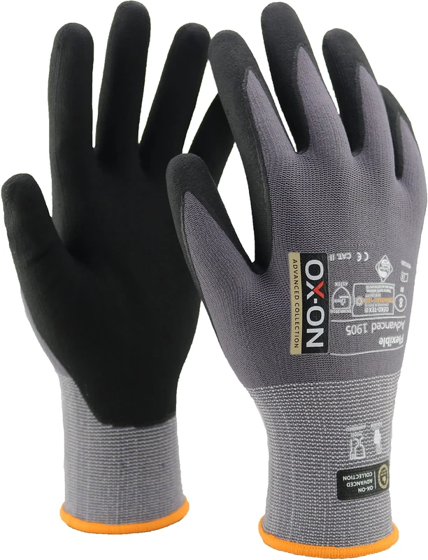 OX-ON Flexible Advanced 1905 Grey Work Gloves, Size 11/2XLarge, 12 Count, Touch Screen Compatible, Breathable, Durable Nitrile Palm, Oeko-Tex Certified
