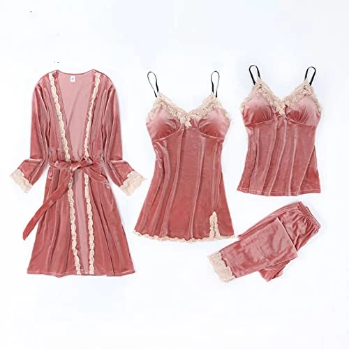 XKUN Pajamas Warm Winter Pajamas Sets Gold Velvet 4 Pieces Women Sexy Lace Robe Pajamas Sleepwear Kit Sleeveless Nightwear-Pink,Xl