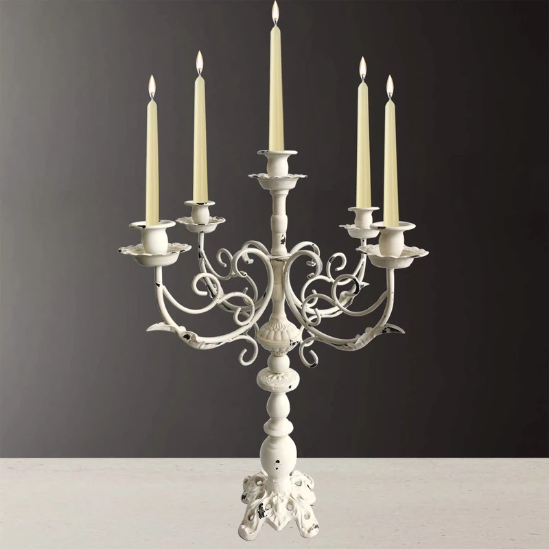 Cast Iron Candlestick Holders - Vintage Metal Candelabra - Candlestick Holders for 1/2-1 inch Taper Candles, 5 Arms Candle Holders 17Inch Tall (Vintage White)