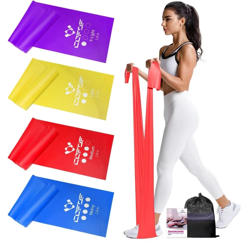 COFOF Resistance Bands, Exercise Band with 4 Resistance Levels,1.8m/5.9ft long Stretch Bands with Carry Bag & Exercise Guide, Straps for Yoga, Pilates,Strength Training
