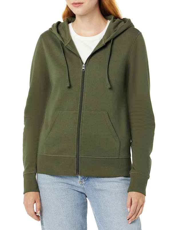 Amazon Essentials Women's French Terry Fleece Full-Zip Hoodie (Available in Plus Size), Dark Olive, Medium