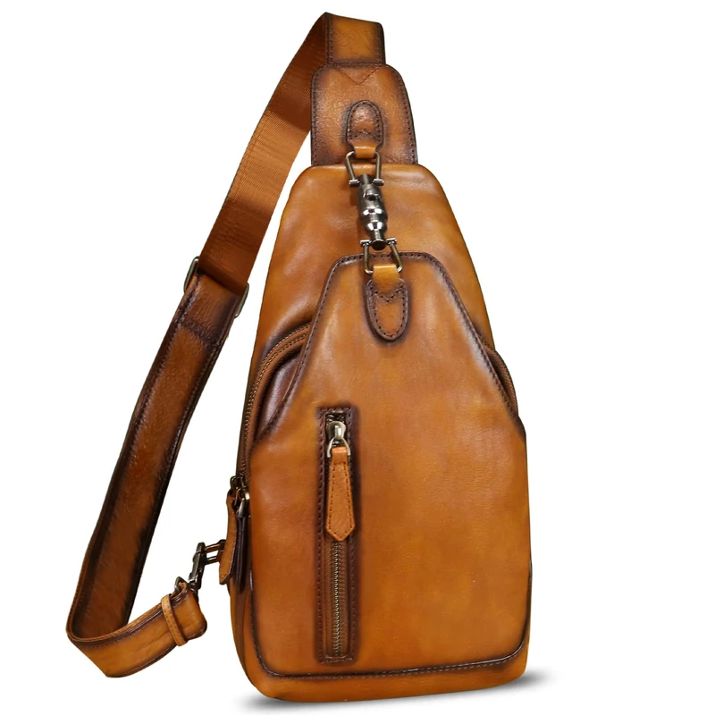 Genuine Leather Sling Bag for Men and Women Real Leather Shoulder Crossbody Bag Chest Bag Sling Backpack Purse, Brown, M, Unique,vintage