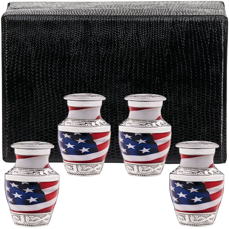 Small Urns for Human Ashes Adult Male or Female, Set of 4 American Flag Decorative Mini Urns for Veteran or Patriotic - Cremation Keepsakes Velvet Box - Police Army Urn and Ash Storage