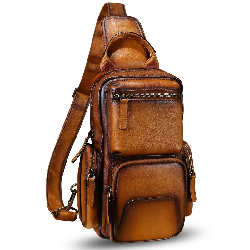 IVTG Genuine Leather Sling Bag Crossbody Casual Hiking Daypack Vintage Handmade Chest Bag Shoulder Backpack Motorcycle Pack, Brown, M, Sling Backpacks