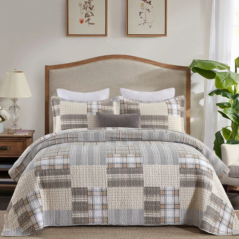 PANGUSHAN Quilts Sets King Size,100% Cotton King Quilt Bedspreads Bedding Set,Patchwork Plaid Quilt for King Bed,Tan/Grey Farmhouse Rustic Quilt Bed Spread,Reversible Lightweight Quilt,3 Pieces