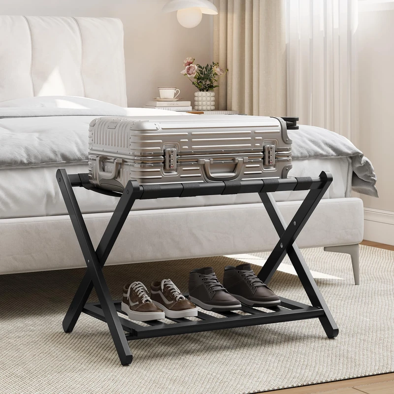 Smart FENDEE Suitcase Stand Folding Luggage Rack 2-Tier Luggage Stand with Shelf (Espresso)