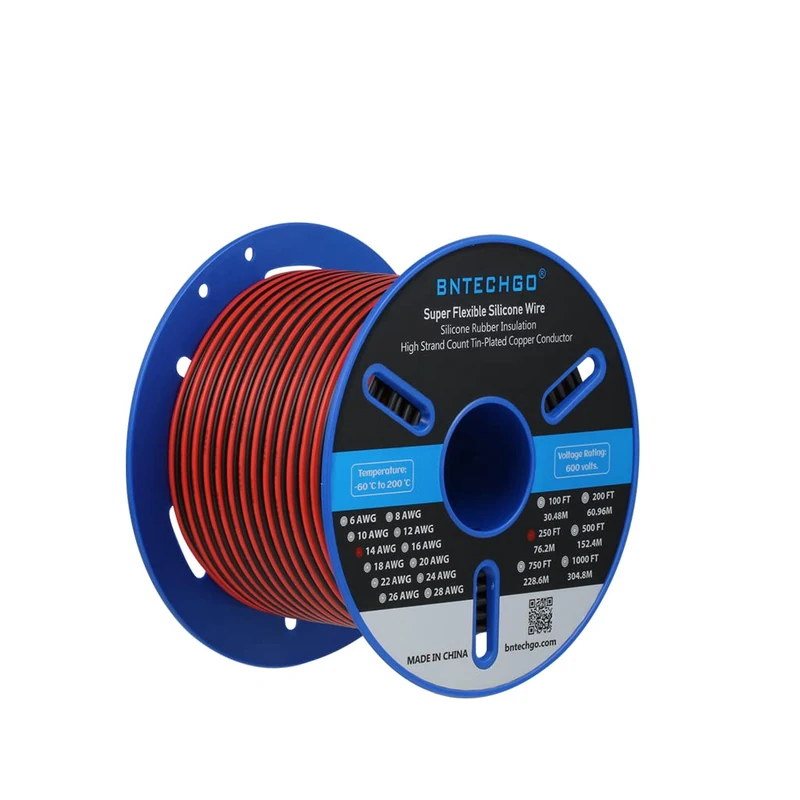 BNTECHGO 14 Gauge Flexible 2 Conductor Parallel Silicone Wire Spool Red Black High Resistant 200 deg C 600V for Single Color LED Strip Extension Cable Cord,Model,250ft Stranded Tinned Copper Wire