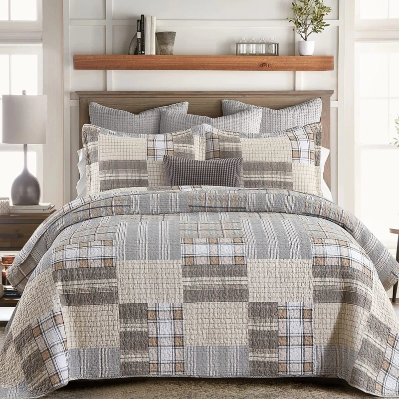 SahSahCasa Quilt Queen Size, Queen Quilt Set, 100% Cotton Queen Quilt Bedding Set Bedspreads, Farmhouse Patchwork Reversible Plaid Lightweight Quilts Bedspread for Queen Bed, Beige/Grey/Tan
