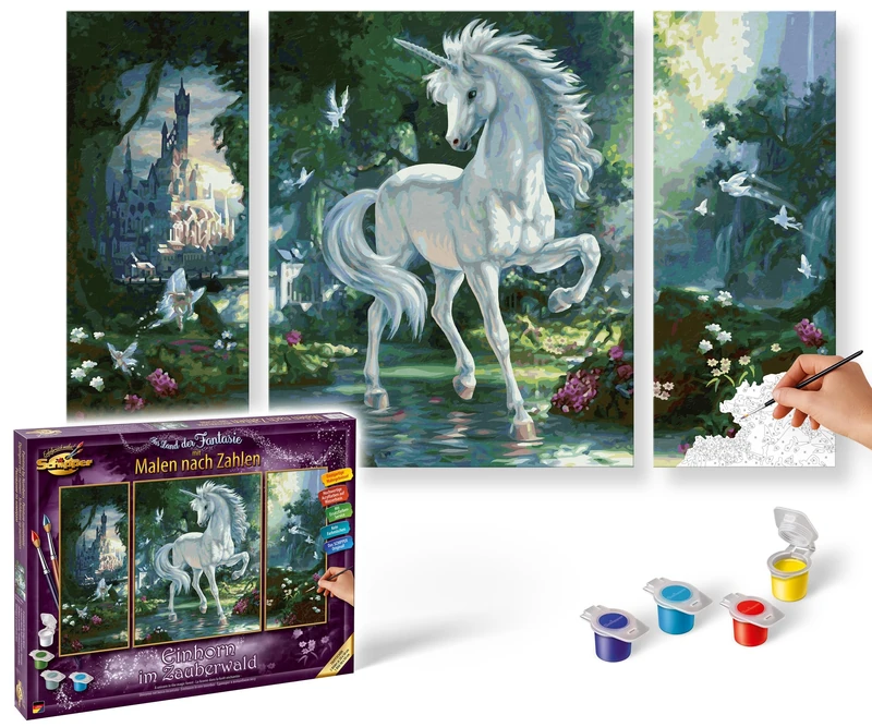 Schipper 609260866 Painting by Numbers - Unicorn in Enchanted Forest - Painting Pictures for Adults Including Brush and Acrylic Paints Triptych 50 x 80 cm