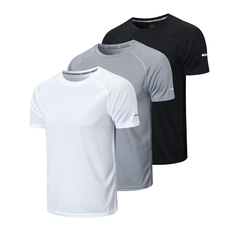 HUAKANG 3 Pack T Shirts Men Breathable Sport Shirts Cool Dry Running Tops Short Sleeve Gym Tops for Men(520 Black Grey White-L)