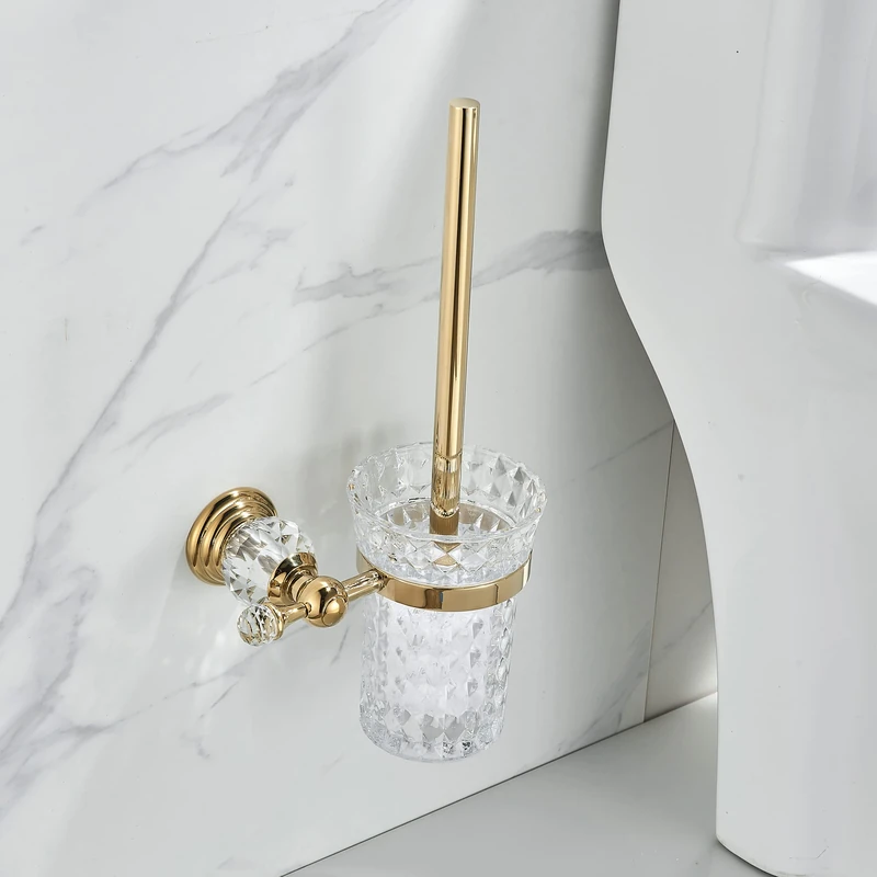 WOLIBEER Crystal Toilet Brush Holder, Polished Gold Brush Handle with Replaceable Brush Head, Stainless Steel Bathroom Cleaning Set Wall Mounted