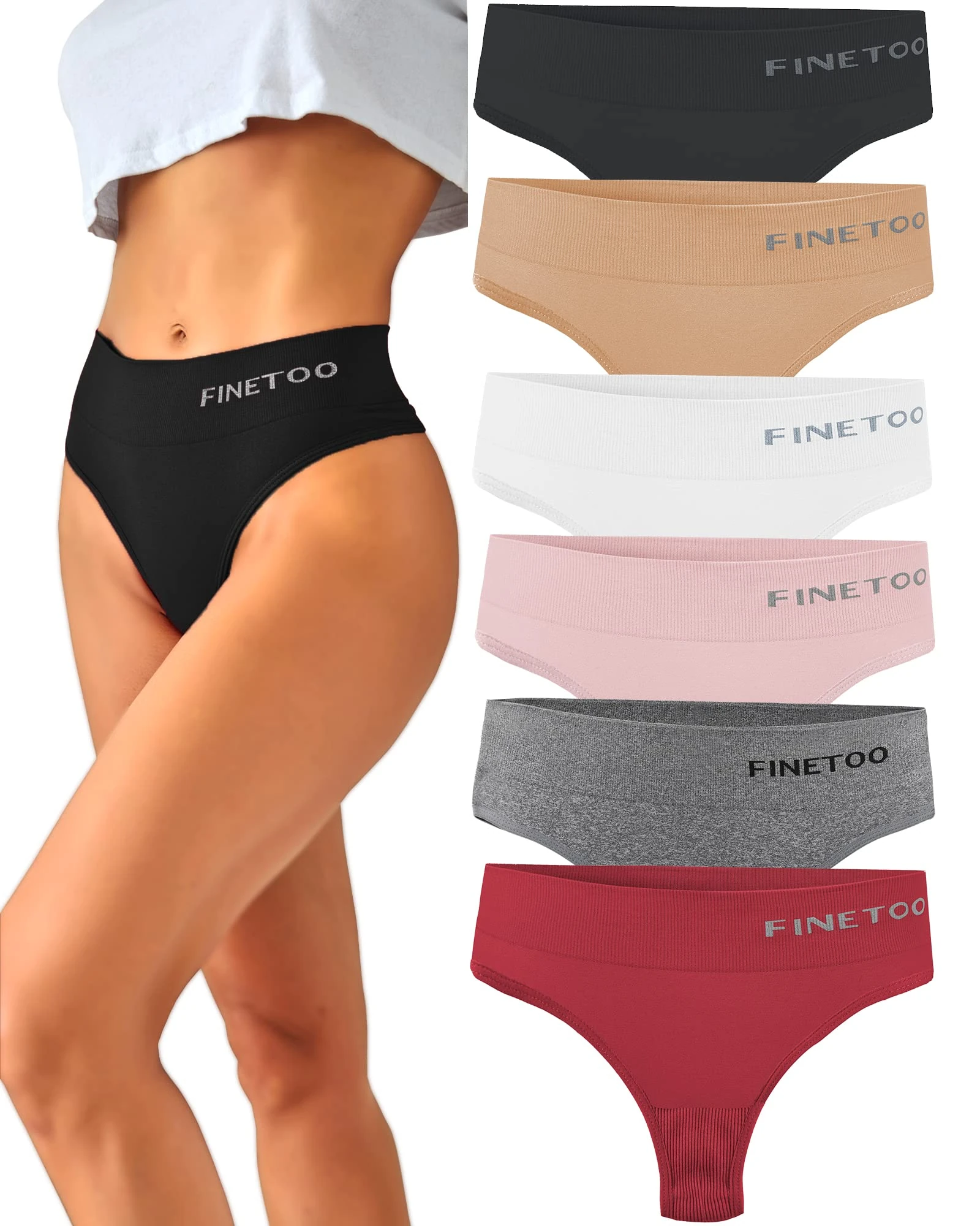 FINETOO 6-Pack String Thongs Ladies Tummy Control Thongs Set Breathable Thong Women Underpants High Waist Underwear Soft Panties Multipack S-XL