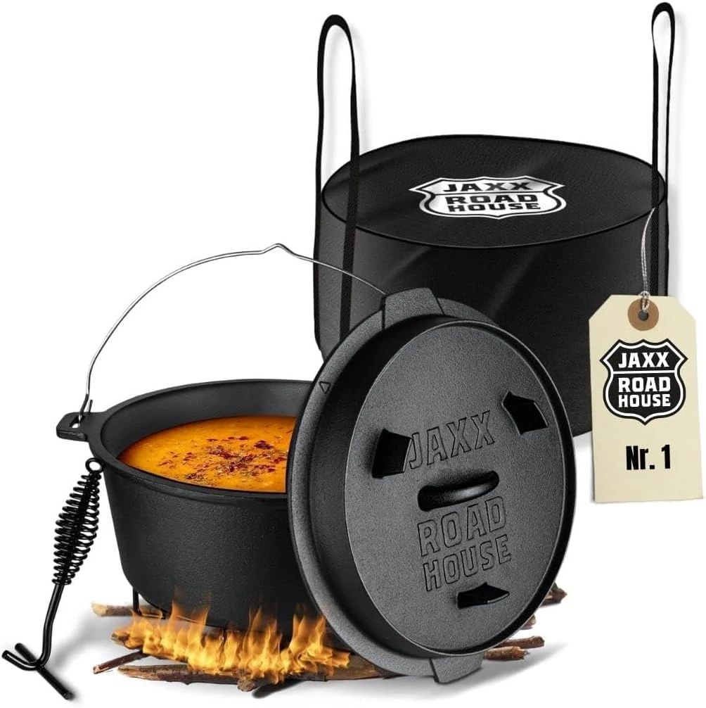 JAXX Dutch Oven Set | Burnt-In Cast Iron Fire Pot | 9 Litre Dutch Oven | Dutch Oven Accessories Including Lid Lifter | Indoor and Outdoor Use