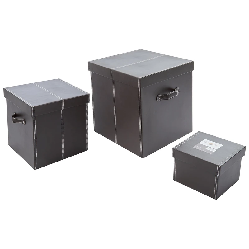 Premier Housewares Versatile Set Of Three Bown Faux Leather Storage Boxes | Elegant Boxes For Storage | Lightweight Storage Boxes With Lids For Living Room | Portable Storage Box