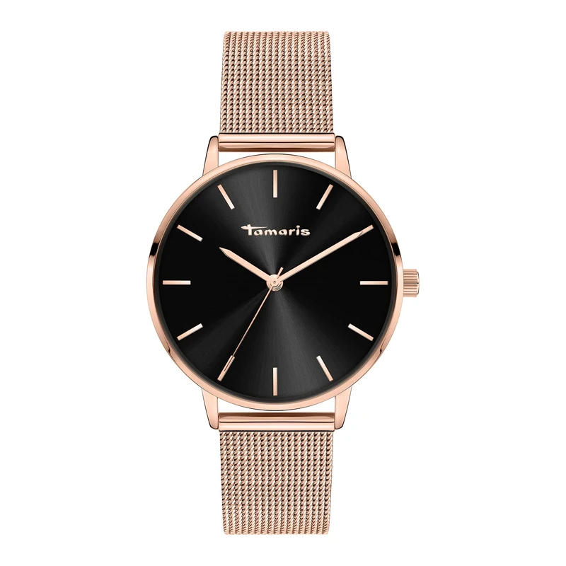 Tamaris Women's Watch - Round Quartz Watch for Women with Stainless Steel Mesh Strap, Rose Gold/Black, 36 mm, Rose Gold mesh/Black