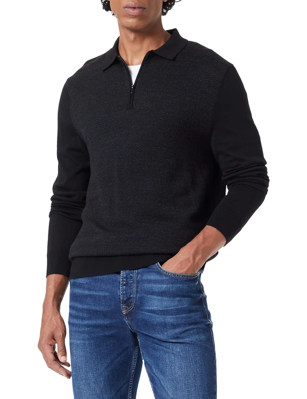 Hackett London Men's Herringbone JCQD Polo Sweater, BLK/Charcol, S