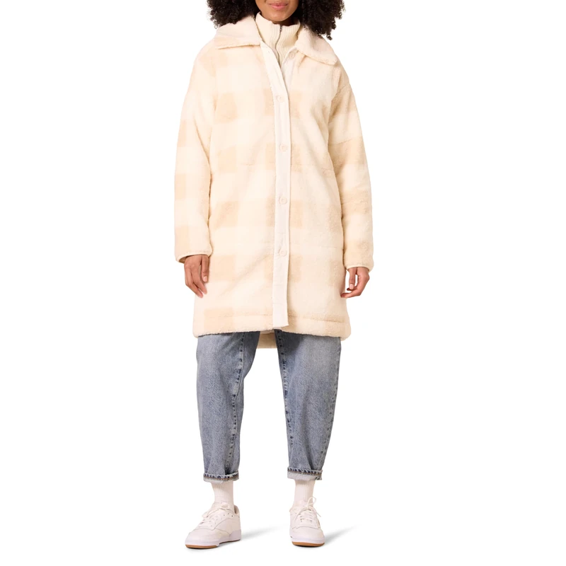Amazon Essentials Women's Oversized Teddy Sherpa Coat, Beige Ivory Buffalo Plaid, XXL