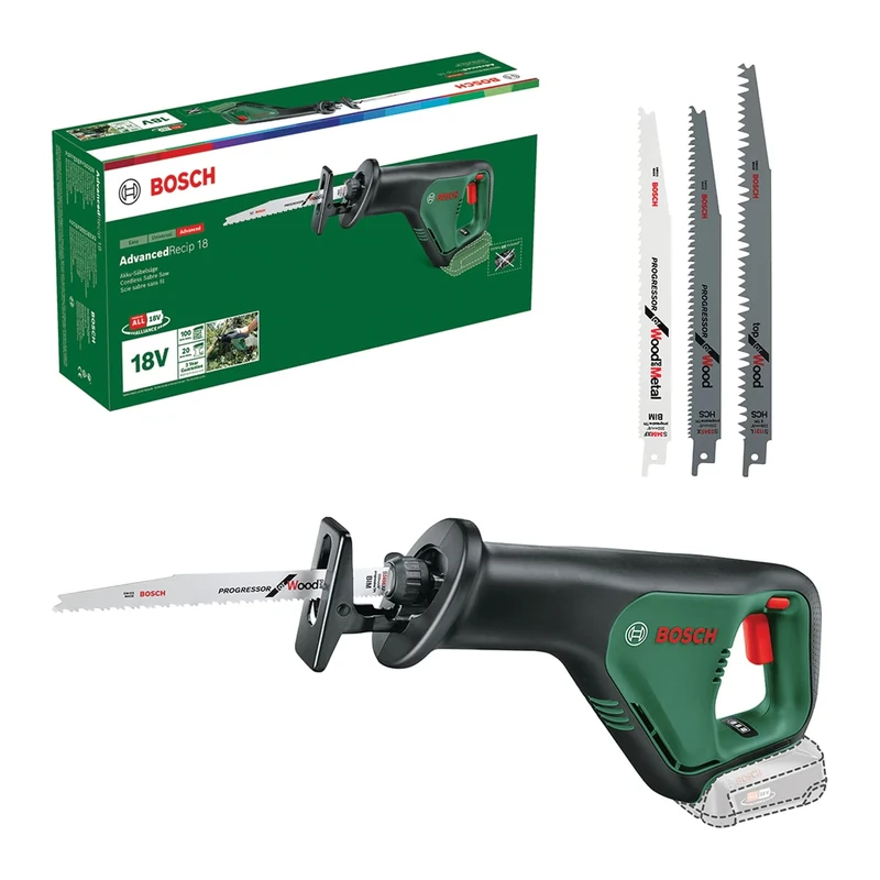 Bosch Home and Garden Cordless Reciprocating Saw AdvancedRecip 18 (w/o Battery, 18 Volt, in Carton) + 3-Piece Recip Saw Blade Set (for Wood and Metal)