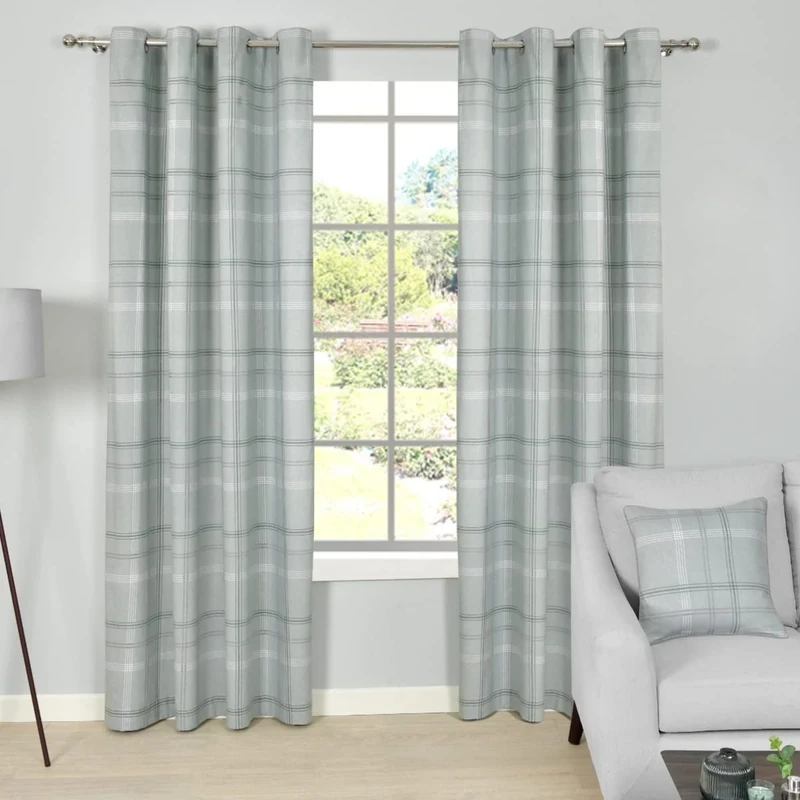 Sleepdown Printed Check Thermal Insulated Eyelet Curtains for Bedroom and Living Room - Green - 2 Panels, 2 x 90" x 72"