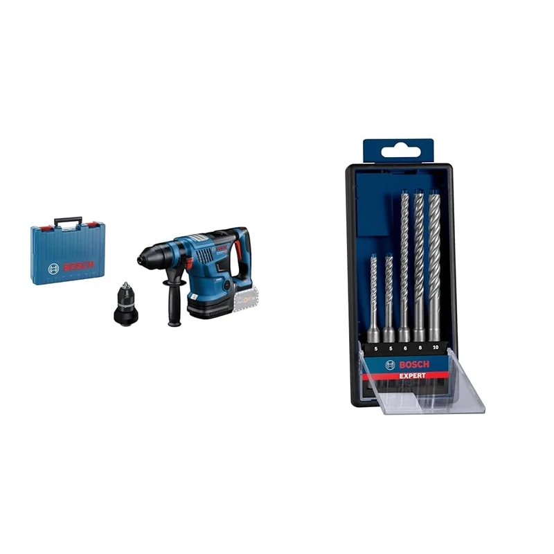 Bosch Professional BITURBO GBH 18V-34 CF Cordless Rotary Hammer (incl. Bluetooth® Module, excl. rechrg Batt/chgr) + 5X Expert SDS plus-7X Hammer Drill Bit Set (Reinforced Concrete, Ø 5-10 mm)