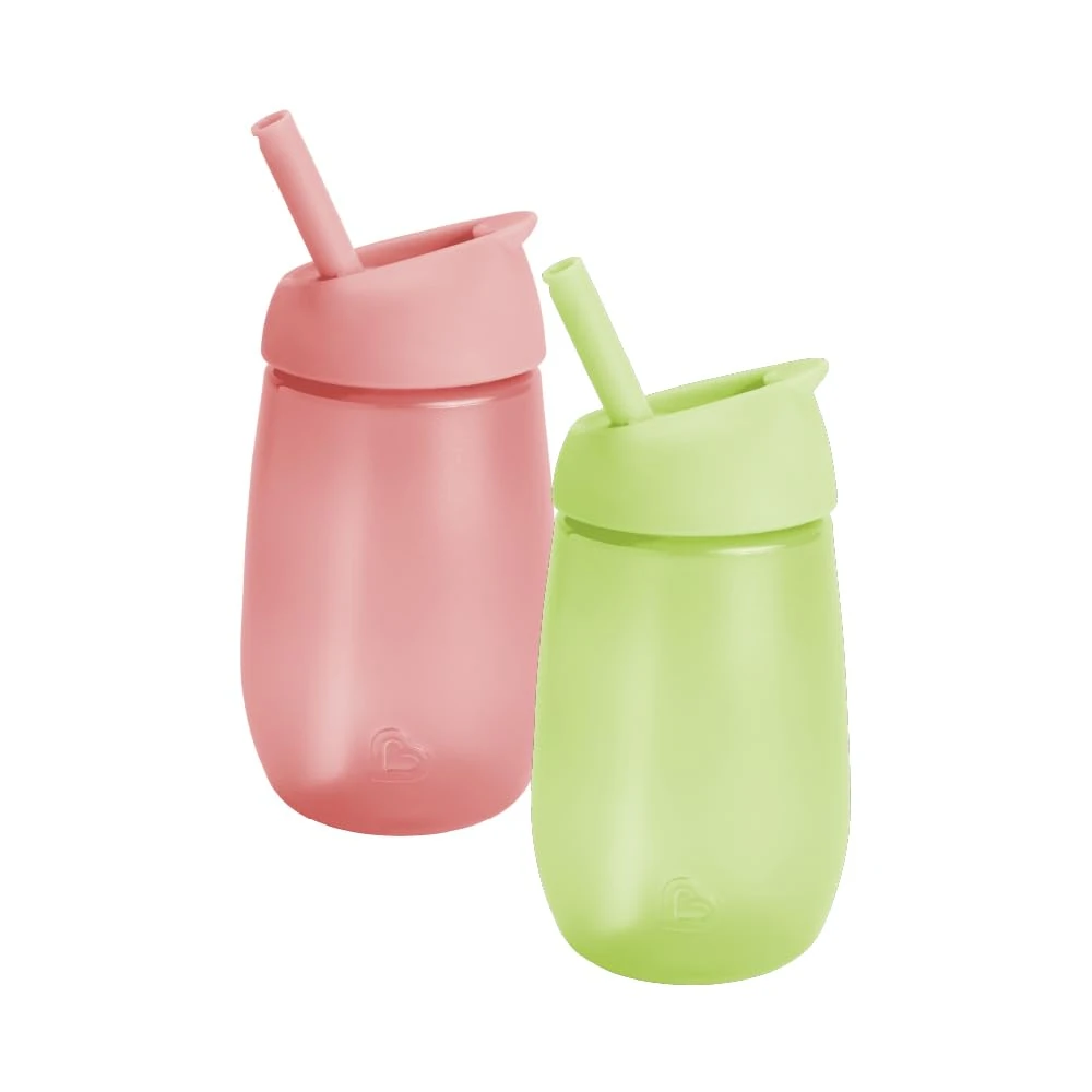 Munchkin Simple Clean Toddler Cup Set | Baby & Toddler Sippy Cups with Straw | BPA Free Non Spill Cup | Dishwasher Safe Baby Straw Cup | Leakproof Silicone Cups - 10oz/296ml | 2 Pack | Green/Pink