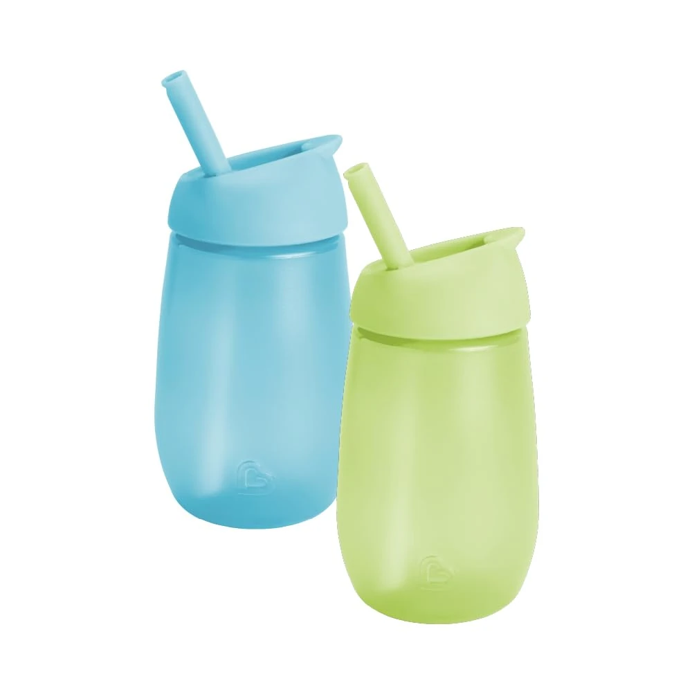 Munchkin Simple Clean Toddler Cup Set | Baby & Toddler Sippy Cups with Straw | BPA Free Non Spill Cup | Dishwasher Safe Baby Straw Cup | Leakproof Silicone Cups - 10oz/296ml | 2 Pack | Green/Blue