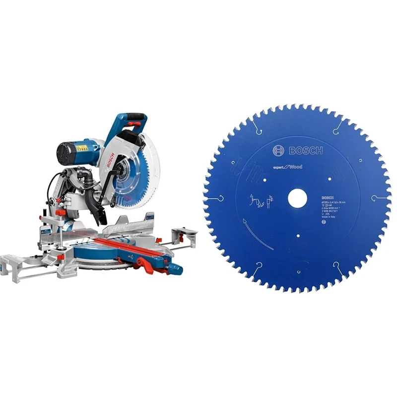 Bosch Professional GCM 12 GDL Mitre Saw (Double Line Laser, Circular Saw Blade, Collet, Cardboard, Saw Blade Diameter: 305 mm) + TTR Expert Circular Saw Blade for Wood, Blue, 305 x 30 x 2.4 mm