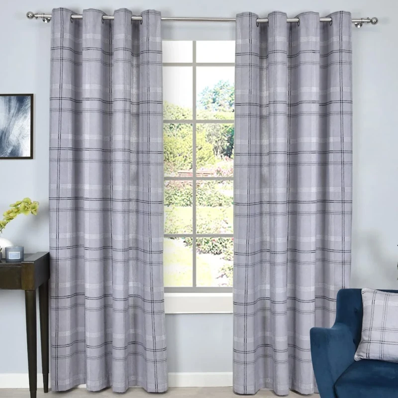 Sleepdown Printed Check Thermal Insulated Eyelet Curtains for Bedroom and Living Room - 66 x 72 - Grey - 2 Panels