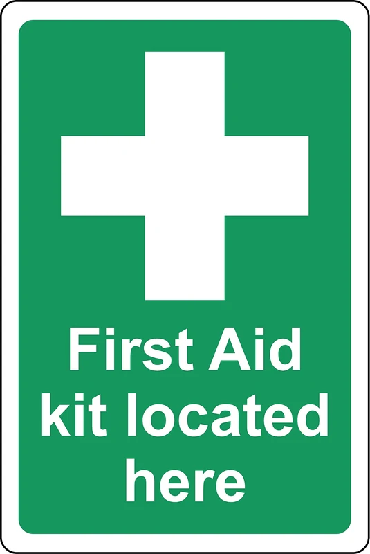 First aid kit located here Safety sign - Self adhesive sticker (200mm x 150mm)