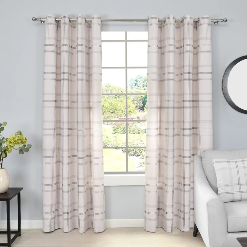 Sleepdown Printed Check Thermal Insulated Eyelet Curtains for Bedroom and Living Room - Natural - 2 Panels, 2x 90" x 72" - Image 1