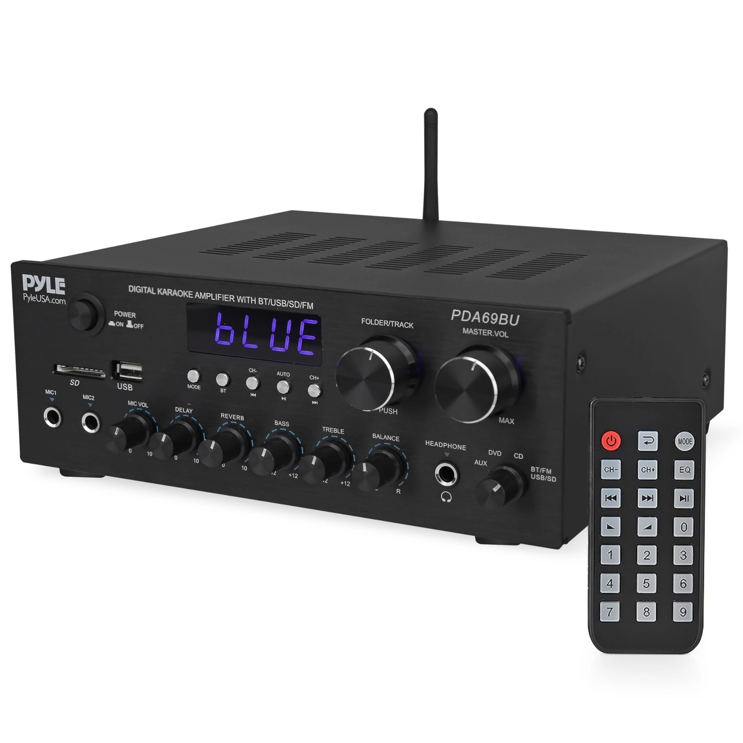 Pyle Stereo Amplifier Audio Receiver with Remote Control - Bluetooth Streaming, MP3/USB/SD/FM Radio, 2.0 Channel HiFi Sound System with RCA/Aux Inputs, Microphone & Headphone Jacks, Adjustable Bass
