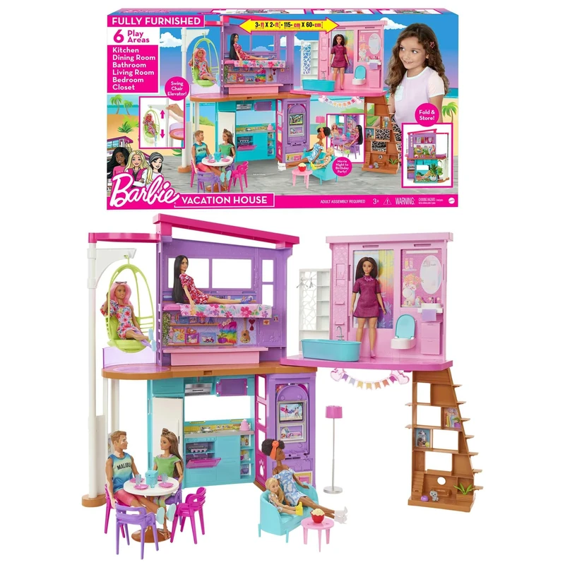 Barbie Vacation House, 2-Storey Fully-Furnished Barbie House with 6 Play Areas, Swing Chair Elevator, 30 Accessories, Fold and Store, Toys for Ages 3 and Up, One Toy House, HCD50