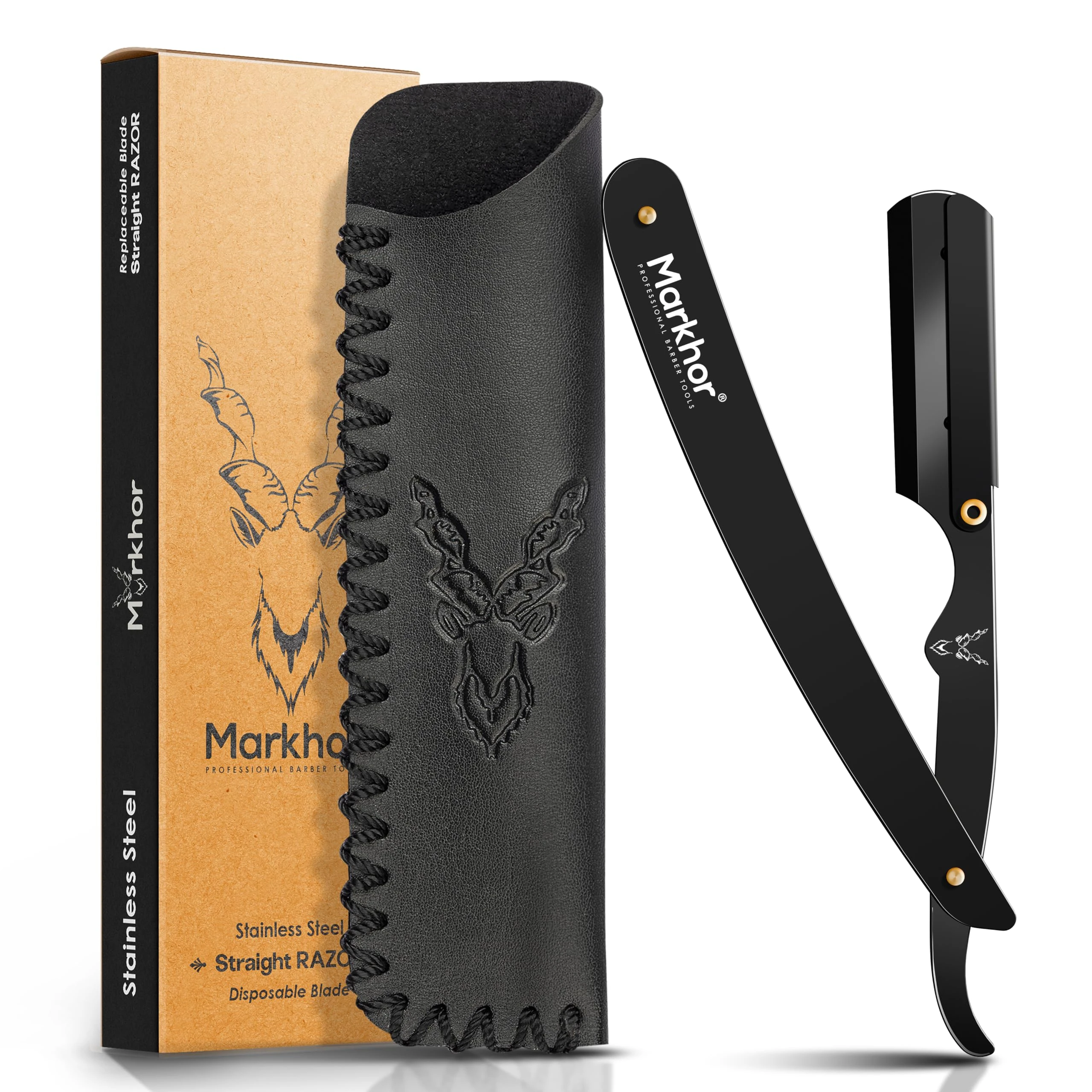 MARKHOR® Cut Throat Razor Kit, Matte Black Straight Razor, Professional Barber Premium Quality Straight Edge Moustache & Beard Shaving Razor