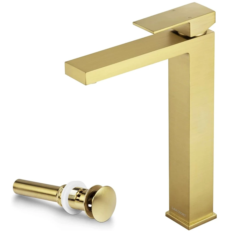 Brushed Gold Vessel Sink Faucet Single Handle, Lava Odoro Brass Bathroom Faucet Single Hole Tall Bowl Sink Faucet with Pop up Drain Assembly, BF307-SG-T