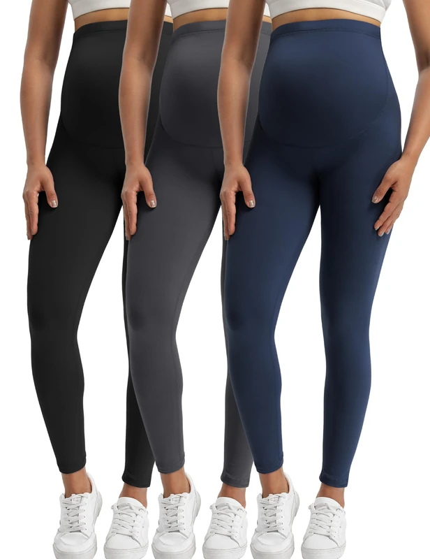 Buttergene Women's Maternity Leggings Over The Belly Pregnancy Active Wear Workout Yoga Tights Pants, 3pack Black/Darkgrey/Navy, Large