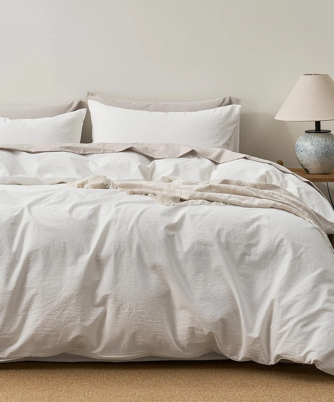 JELLYMONI Cotton Duvet Cover Queen Size - 100% Washed Cotton Linen Like Textured Comforter Cover, 3 Pieces Breathable Soft Bedding Set with Zipper Closure (Off White, Queen 90"x90")