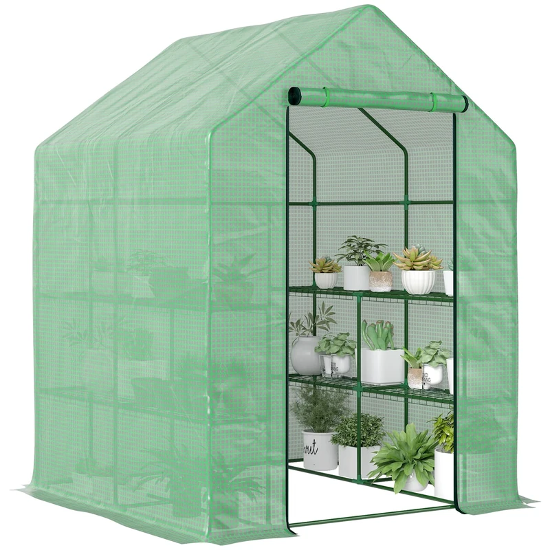 Outsunny Walk in Greenhouse with Shelves Steeple Green House for Garden Grow House Removable Cover 143x138x190cm, Green