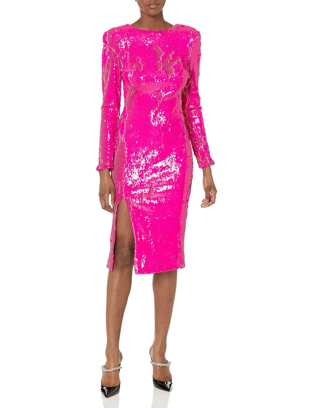 Dress the Population Women's Natalie Long Sleeve Round Neck Front Side Slit Bodycon Midi Dress, Hot Pink, L