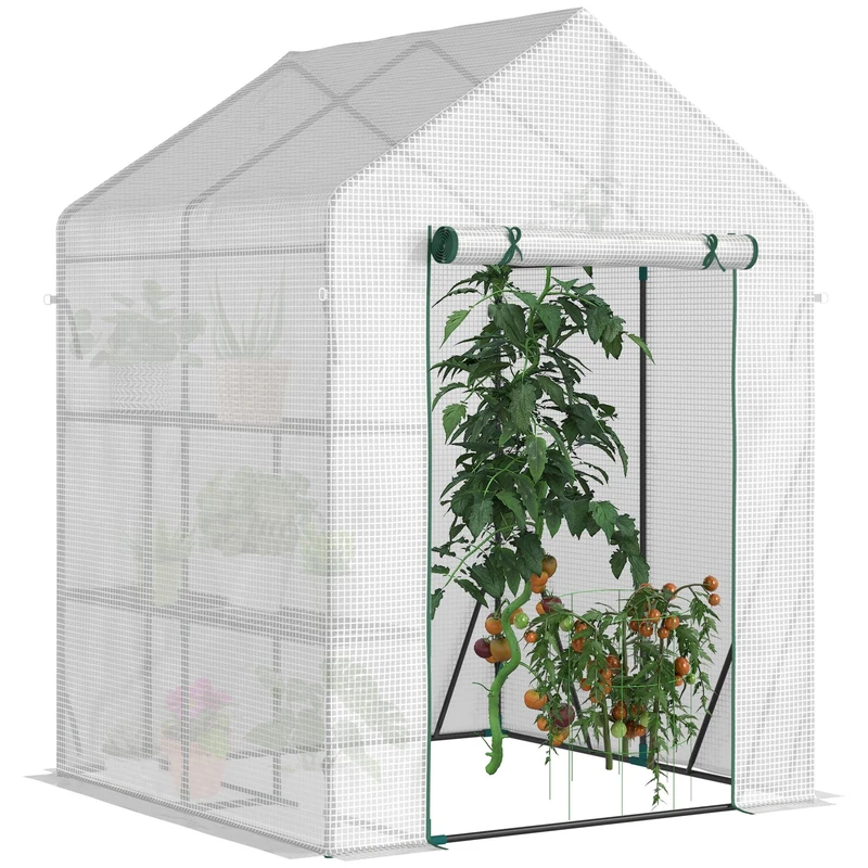 Outsunny Walk In Greenhouse with 2 Tier Shelf, Portable Gardening Plant Grow House Tomato Greenhouse with Roll up Zip Panel Door, Reinforced PE Cover, 143 x 143 x 195cm, Green - Image 1