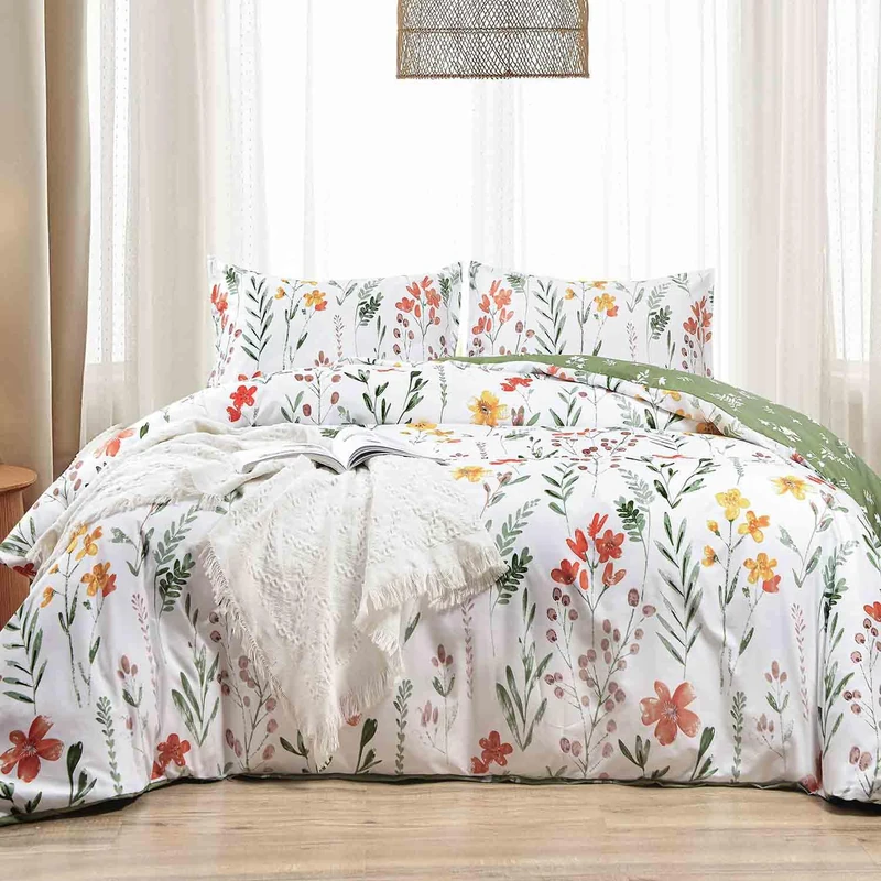 King Size Comforter Set, White Yellow Floral, Green Leaf Pattern Print Reversible Down Alternative Bed Sets - 104 x 90 3PC Soft Microfiber Flower Duvet Vintage Farmhouse Bedding in a Bag for Women Men