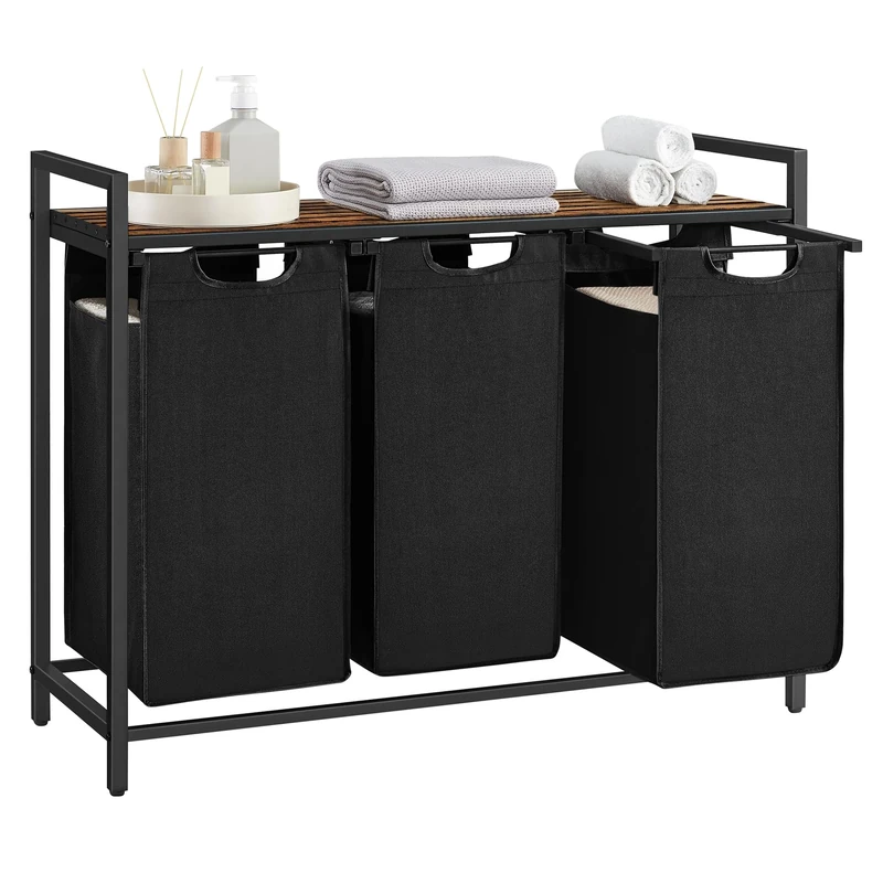 VASAGLE Laundry Basket, 3-Compartment Laundry Hamper, Pull-Out and Removable Liner Bags, Clothes Sorter, Shelf, Metal Frame, 3 x 40 L, 92.5 x 33 x 72 cm, Ink Black and Rustic Brown BLH301B01