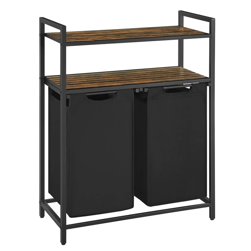 VASAGLE Laundry Hamper, Laundry Basket, Laundry Sorter with 2 Pull-Out and Removable Bags, 2 Shelves, 12.2 Gal Capacity per Bag, for Bathroom, Laundry Room, Rustic Brown and Black UBLH211B01