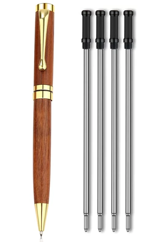 LAOJU Ballpoint Pen Retractable Point Pen Wooden with Metal Trim Medium Black Ink Pens with 4PCS Refills, Gift Boxed