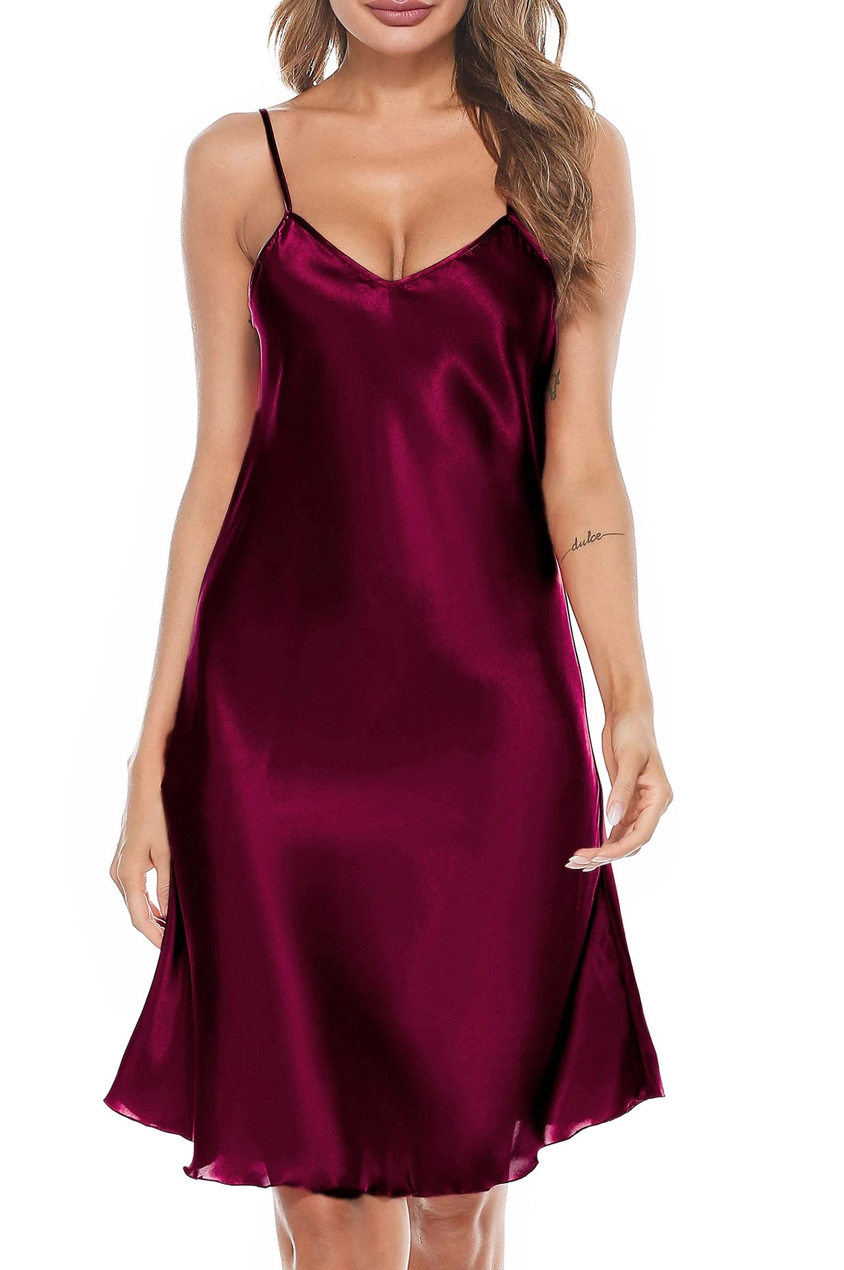 Wikoan Women Satin Nightdress Soft Silk Nightshirt Straps Chemise Slip Sexy V Neck Nightgown Sleepwear,a-Burgundy,L