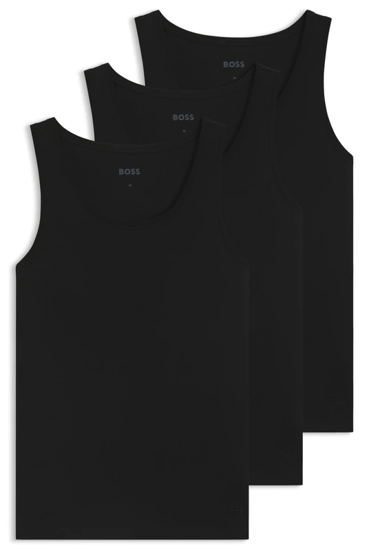 BOSS Mens Tank Top 3P Classic Three-Pack of Cotton Underwear Vests with Embroidered Logos Black