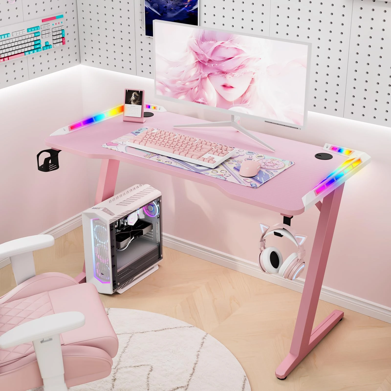 Hironpal Pink Gaming Desk with LED Lights, Computer Desk Workstation for Home Office Desk, PC Study Desk with Cup Holder and headphone Hook for Laptop Home Office