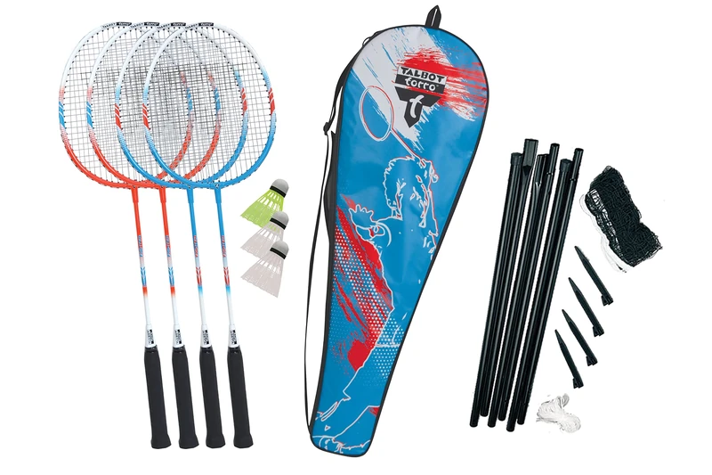 Talbot Torro 4-Fighter Premium Badminton Set, Complete Set, 4 Aluminum Rackets, Light and Handy, 3 Shuttlecocks, Complete Net Set, in a Bag, 449416