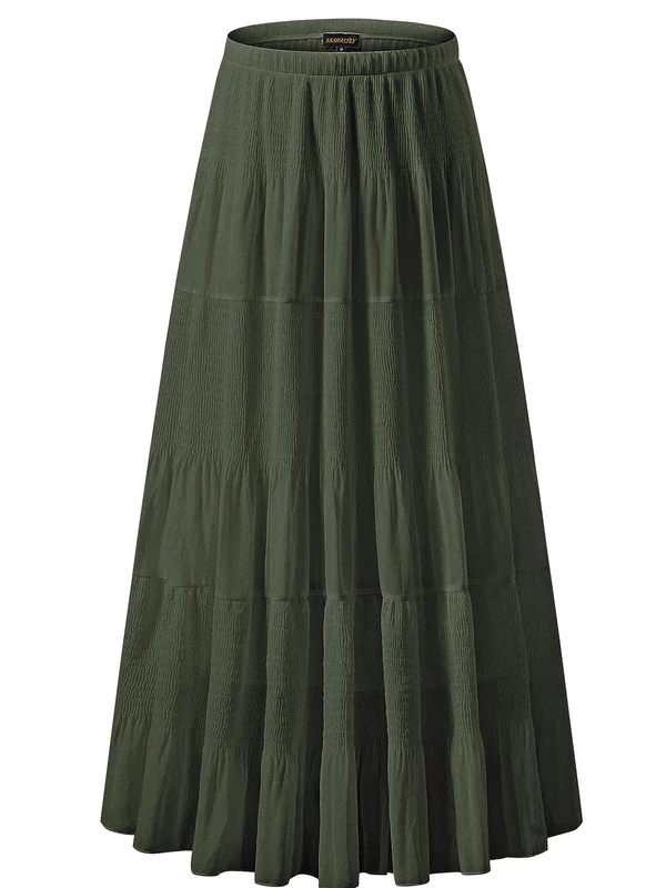 NASHALYLY Women's Chiffon Elastic High Waist Pleated A-Line Flared Maxi Skirts, Blackish Green, XX-Large