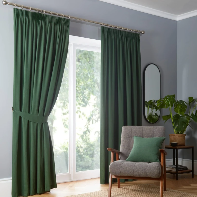 Fusion - Dijon - Blackout/Thermal Insulated Pair of Pencil Pleat Curtains - 90" Width x 90" Drop (229 x 229cm) in Bottle Green